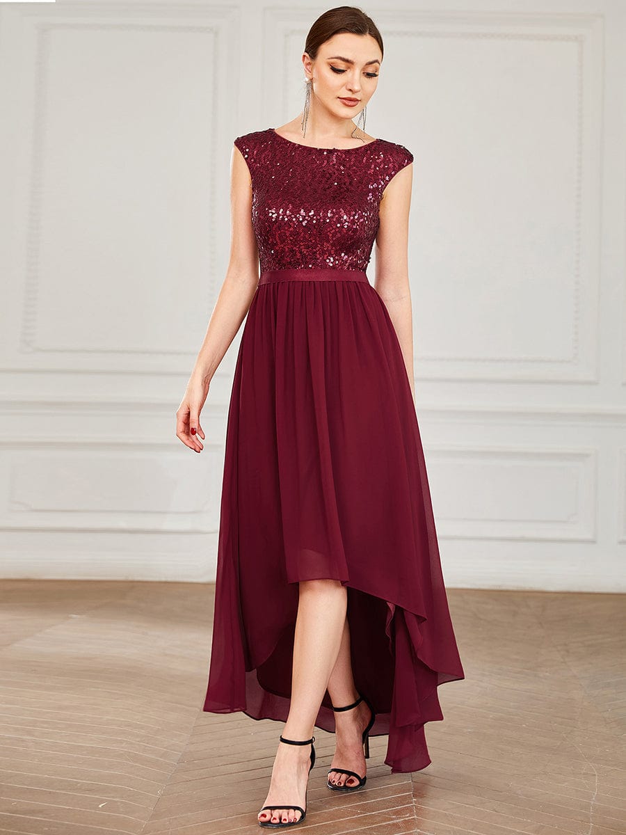 Chiffon Ribbon Waist Sleeveless Sequin High Low Evening Dress #color_Burgundy Chiffon Ribbon Waist Sleeveless Sequin High Low Evening Dress