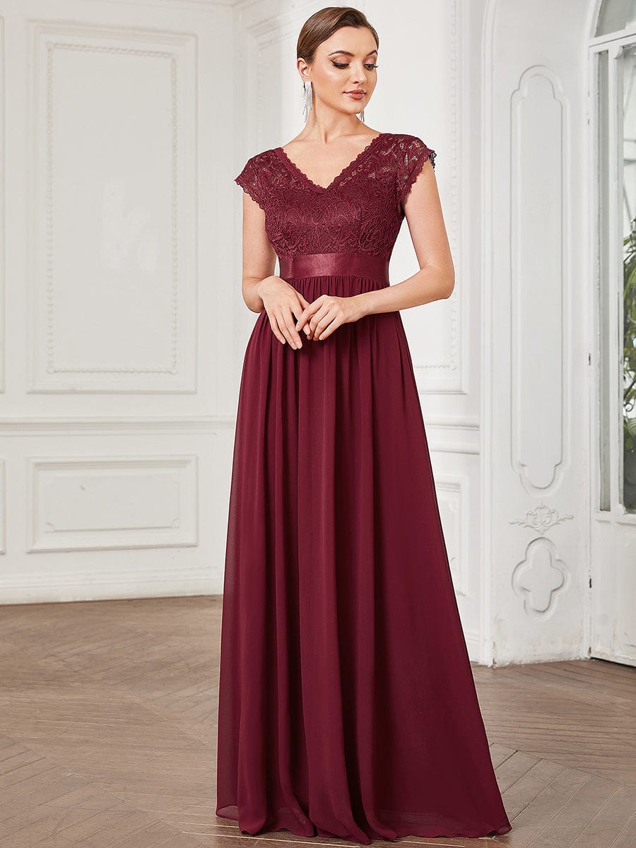 V-Neck Lace Empire Waist Short Sleeve Chiffon Evening Dress #color_Burgundy V-Neck Lace Empire Waist Short Sleeve Chiffon Evening Dress
