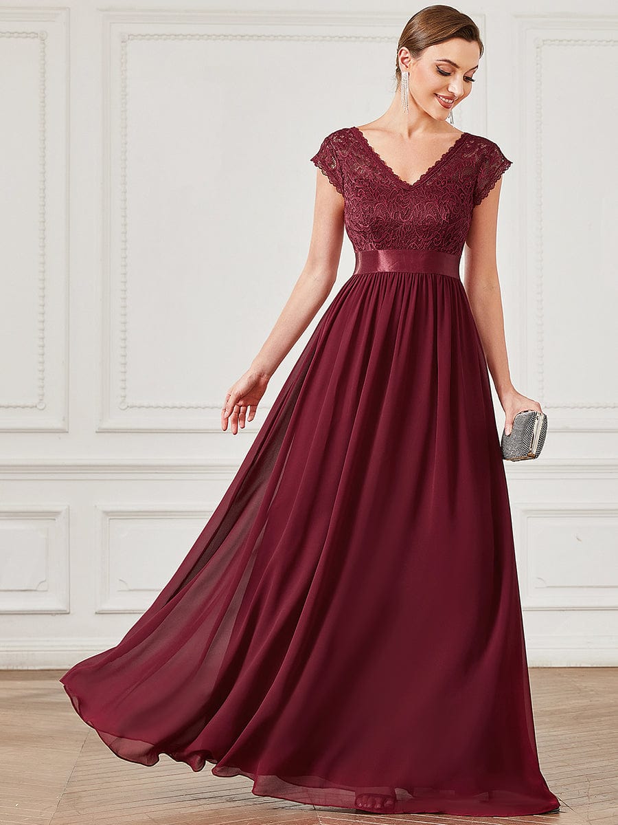V-Neck Lace Empire Waist Short Sleeve Chiffon Evening Dress #color_Burgundy V-Neck Lace Empire Waist Short Sleeve Chiffon Evening Dress