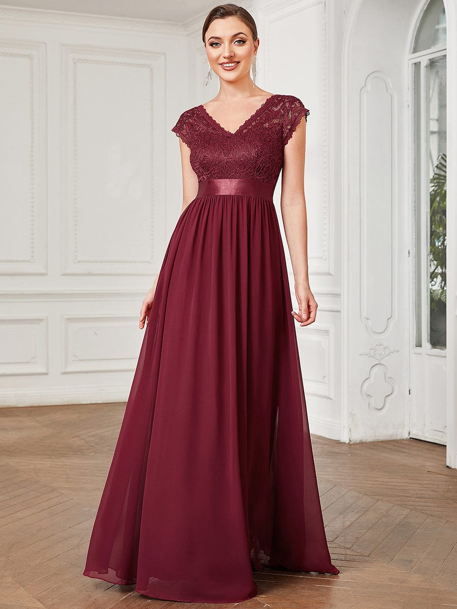 V-Neck Lace Empire Waist Short Sleeve Chiffon Evening Dress #color_Burgundy V-Neck Lace Empire Waist Short Sleeve Chiffon Evening Dress