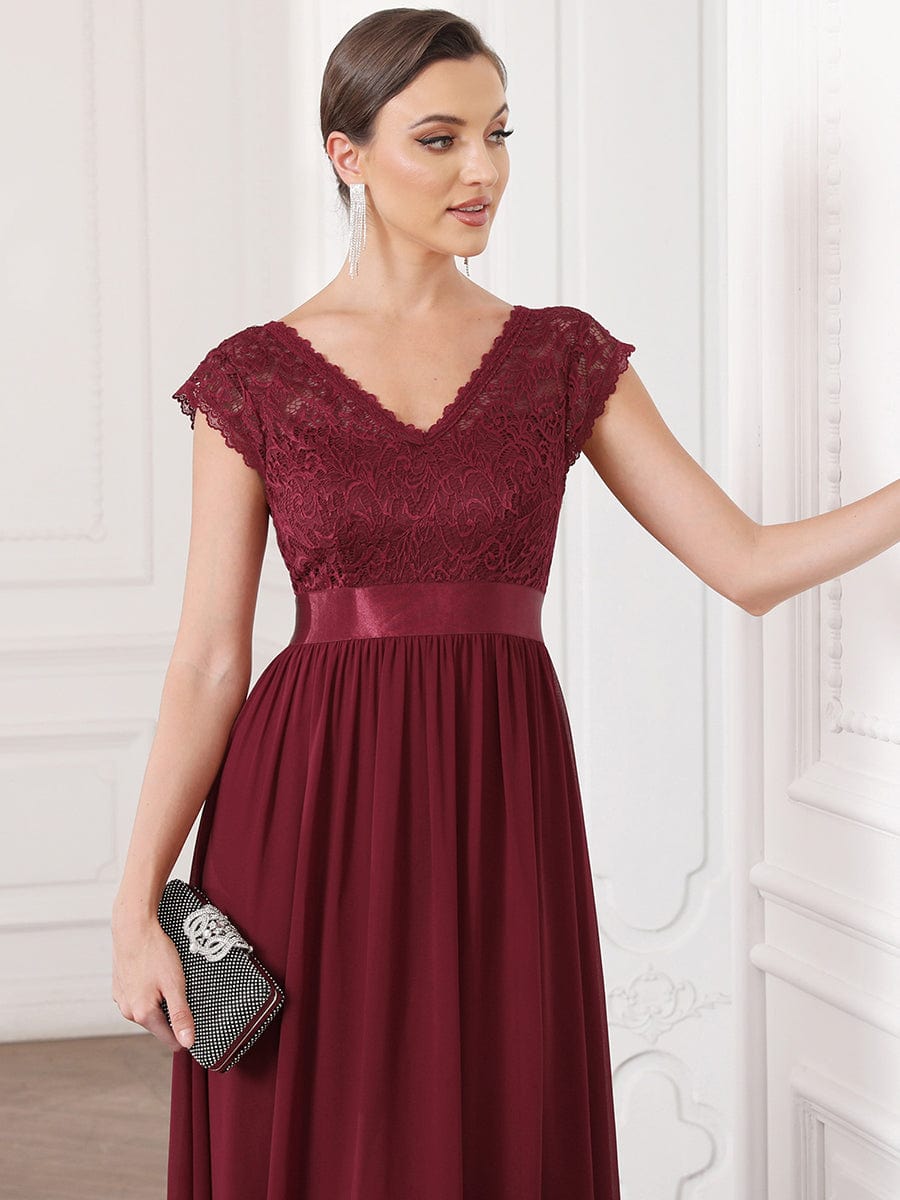 V-Neck Lace Empire Waist Short Sleeve Chiffon Evening Dress #color_Burgundy V-Neck Lace Empire Waist Short Sleeve Chiffon Evening Dress