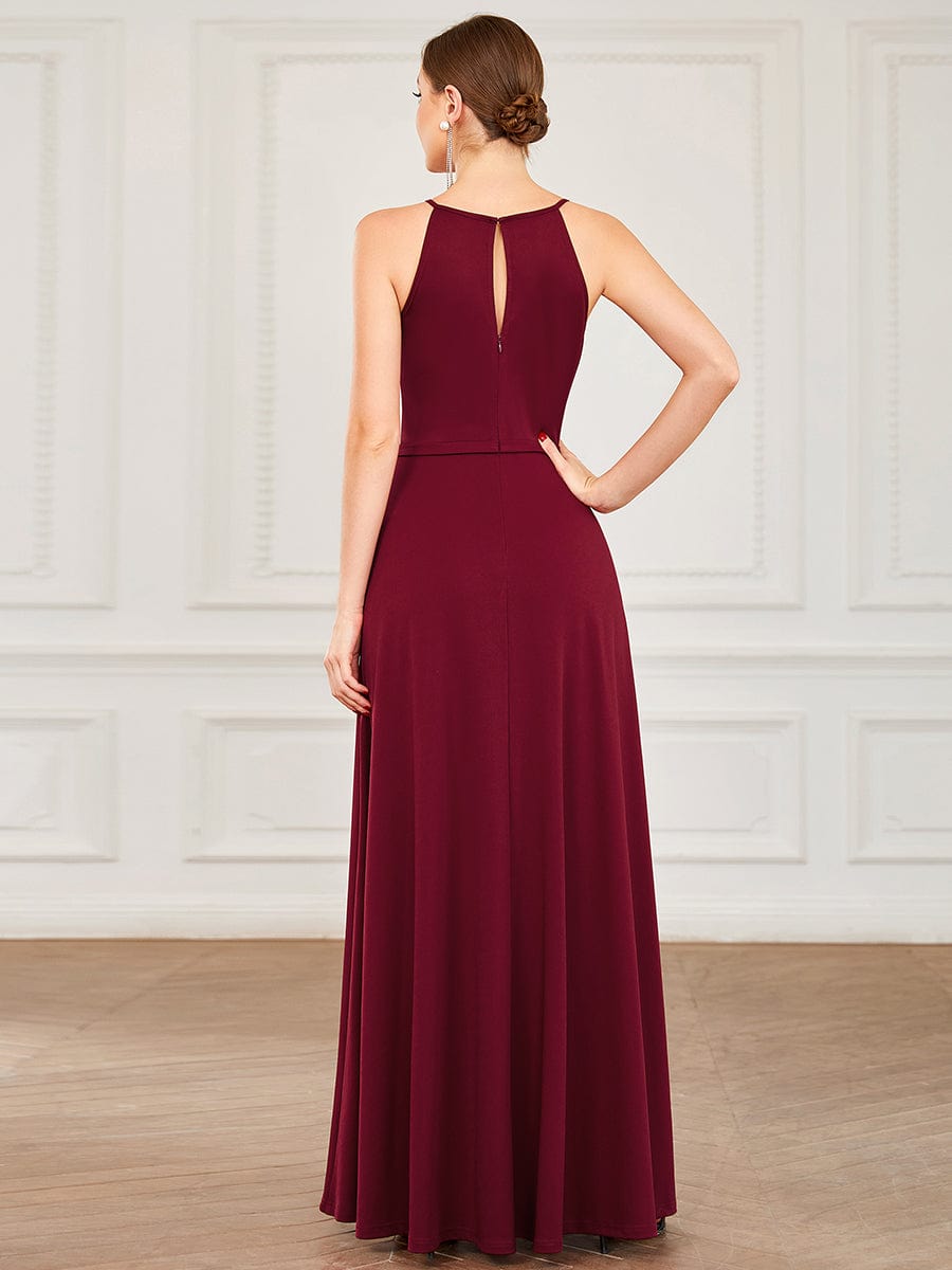 Halter Keyhole Front & Back High Slit Evening Dress #color_Burgundy Halter Keyhole Front & Back High Slit Evening Dress