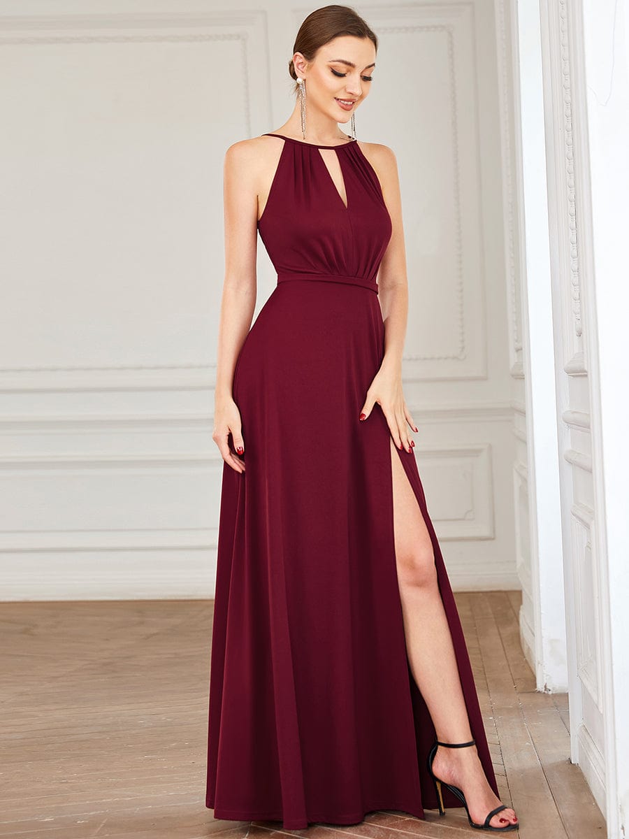 Halter Keyhole Front & Back High Slit Evening Dress #color_Burgundy Halter Keyhole Front & Back High Slit Evening Dress