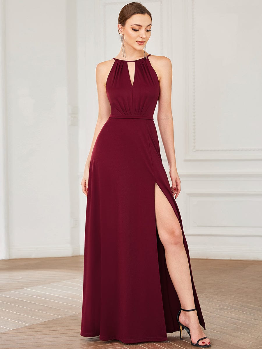 Halter Keyhole Front & Back High Slit Evening Dress #color_Burgundy Halter Keyhole Front & Back High Slit Evening Dress