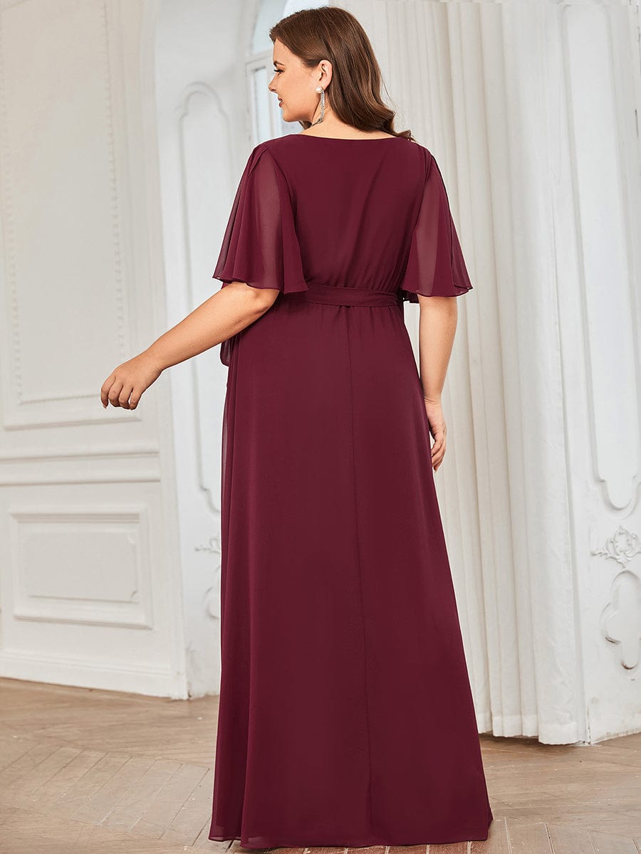 Tie Waist High Slit Flutter Sleeve Chiffon Evening Dress #Color_Navy Blue Plus Size Chiffon High Slit Tie Waist Evening Dress