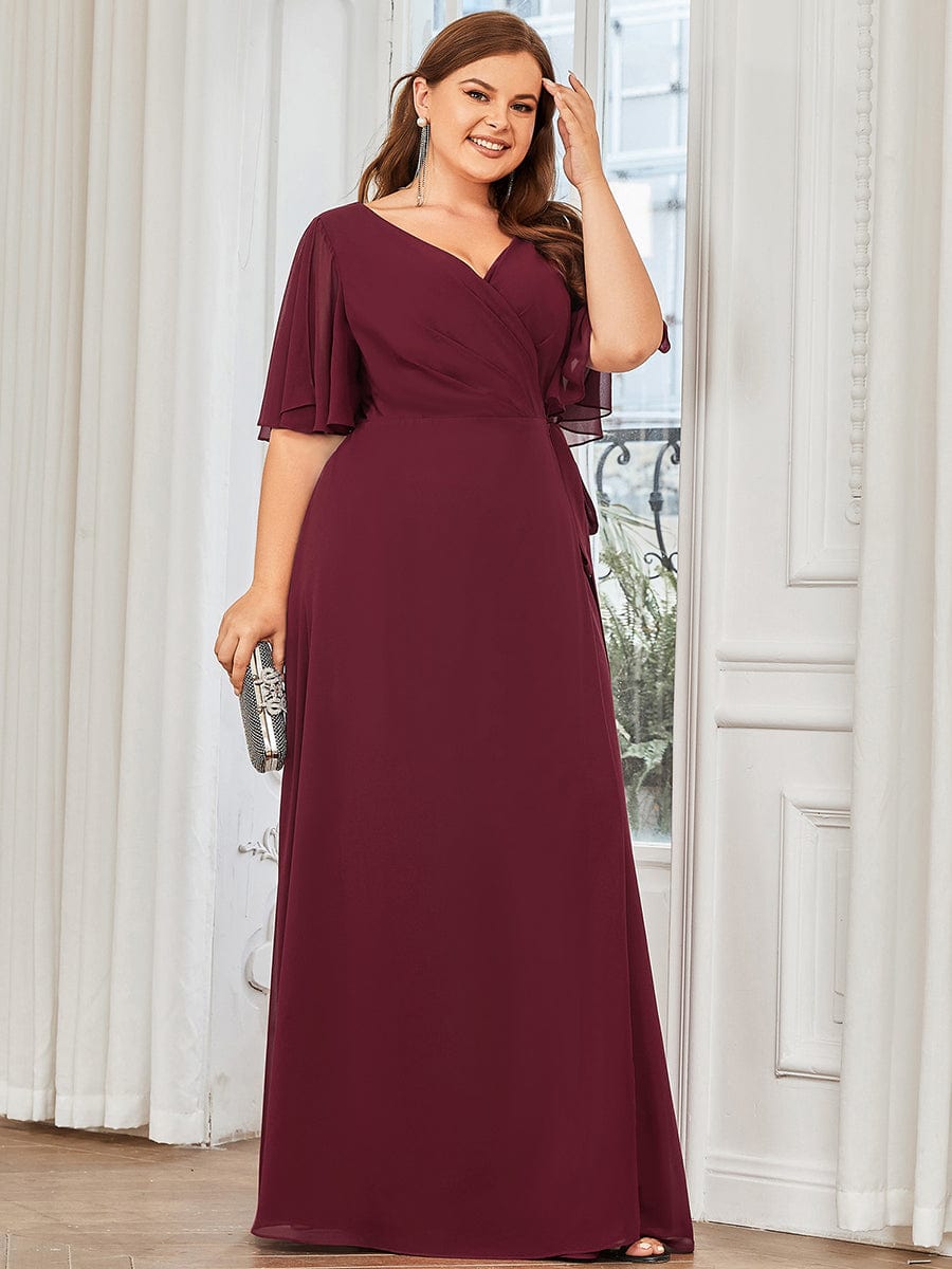 Tie Waist High Slit Flutter Sleeve Chiffon Evening Dress #Color_Navy Blue Plus Size Chiffon High Slit Tie Waist Evening Dress