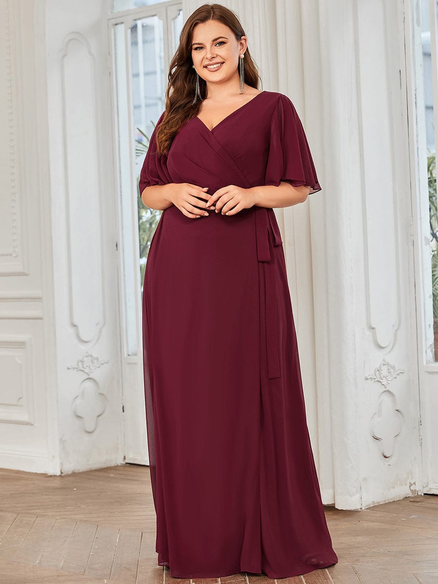 Tie Waist High Slit Flutter Sleeve Chiffon Evening Dress #Color_Navy Blue Plus Size Chiffon High Slit Tie Waist Evening Dress