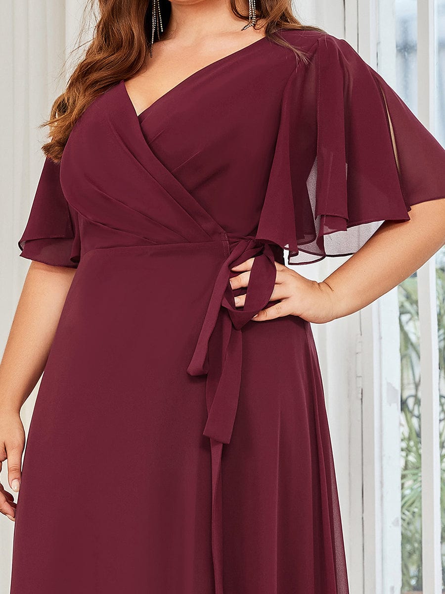 Tie Waist High Slit Flutter Sleeve Chiffon Evening Dress #Color_Navy Blue Plus Size Chiffon High Slit Tie Waist Evening Dress