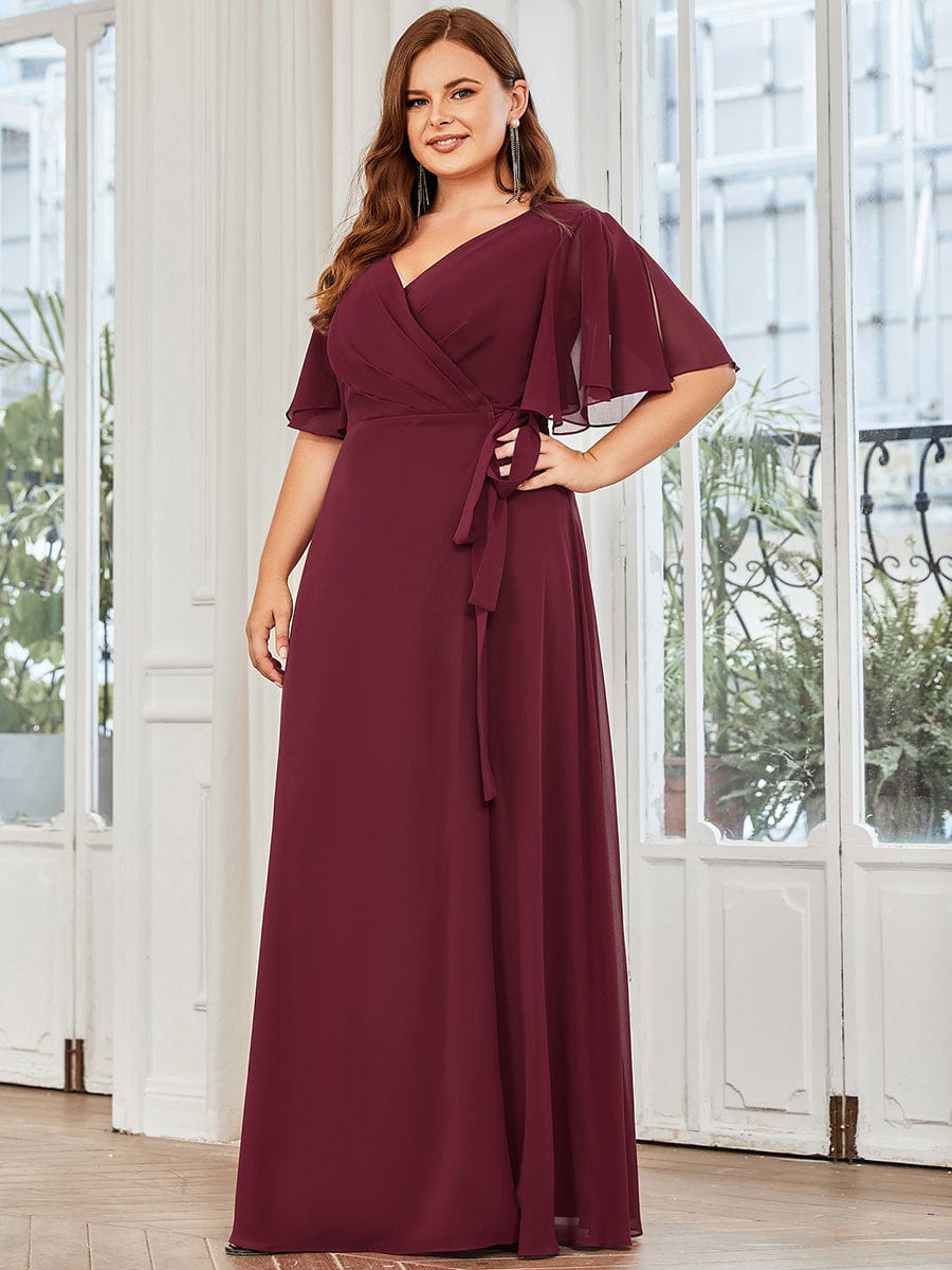 Tie Waist High Slit Flutter Sleeve Chiffon Evening Dress #Color_Navy Blue Plus Size Chiffon High Slit Tie Waist Evening Dress