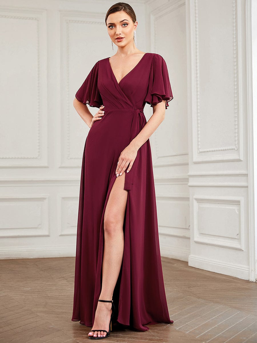 Tie Waist High Slit Flutter Sleeve Chiffon Evening Dress #Color_Burgundy