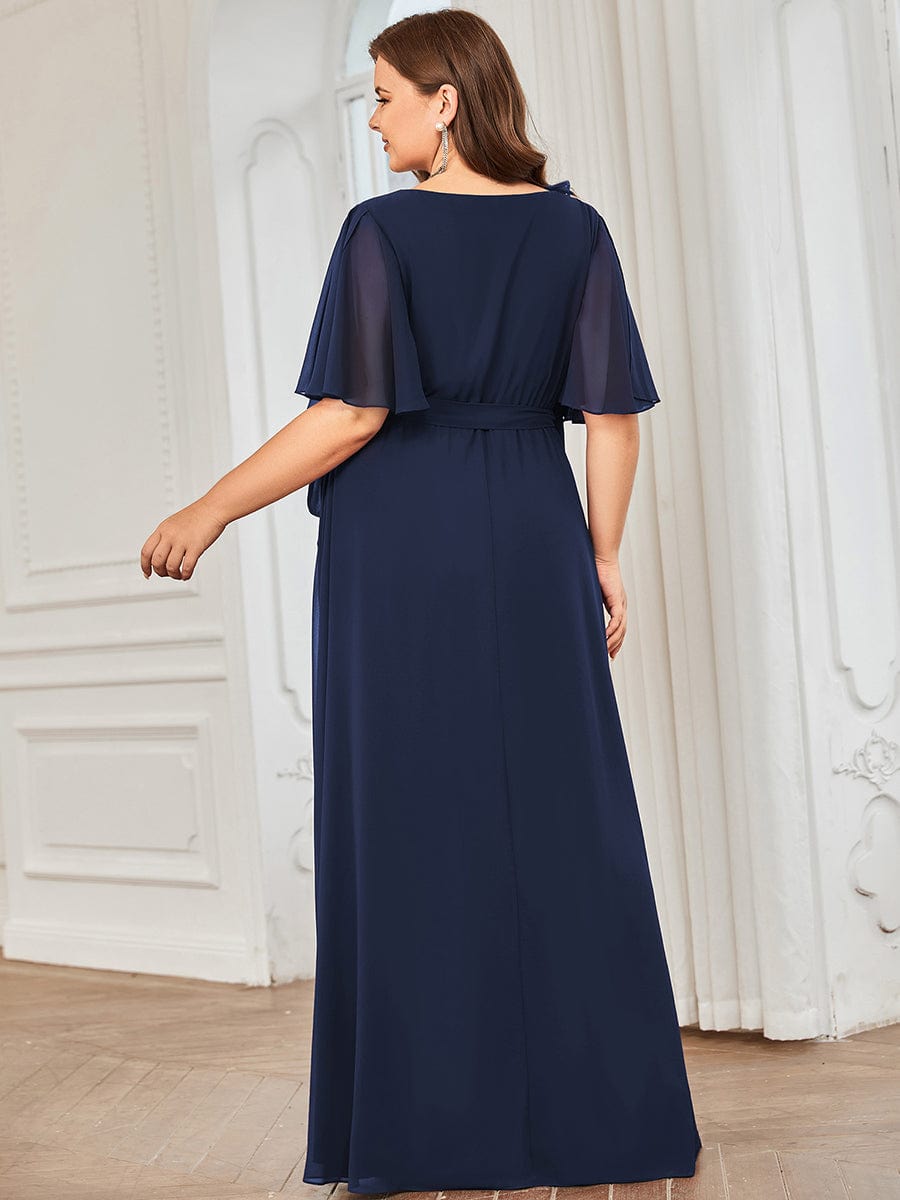 Tie Waist High Slit Flutter Sleeve Chiffon Evening Dress #Color_Navy Blue Plus Size Chiffon High Slit Tie Waist Evening Dress