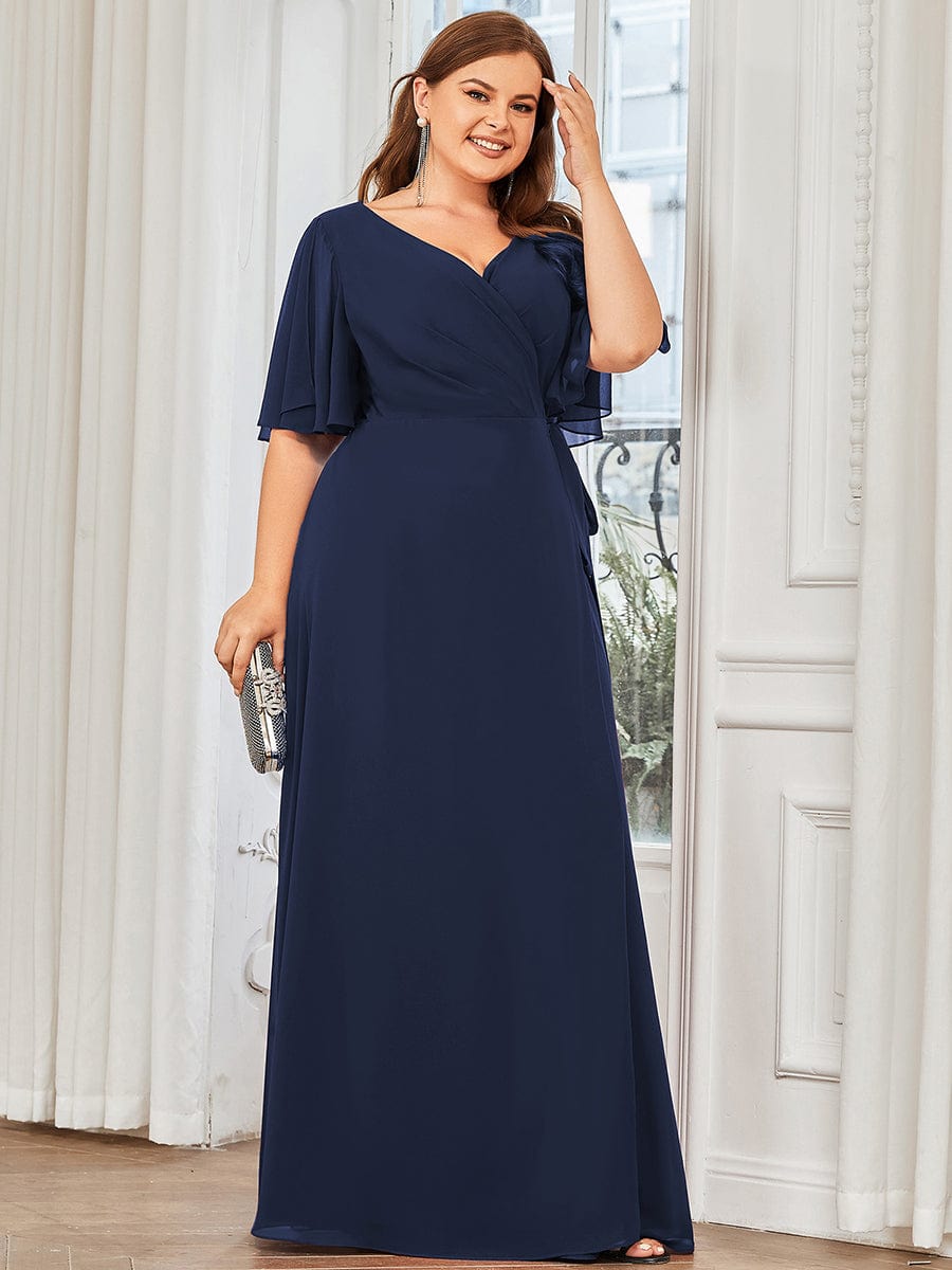 Tie Waist High Slit Flutter Sleeve Chiffon Evening Dress #Color_Navy Blue Plus Size Chiffon High Slit Tie Waist Evening Dress