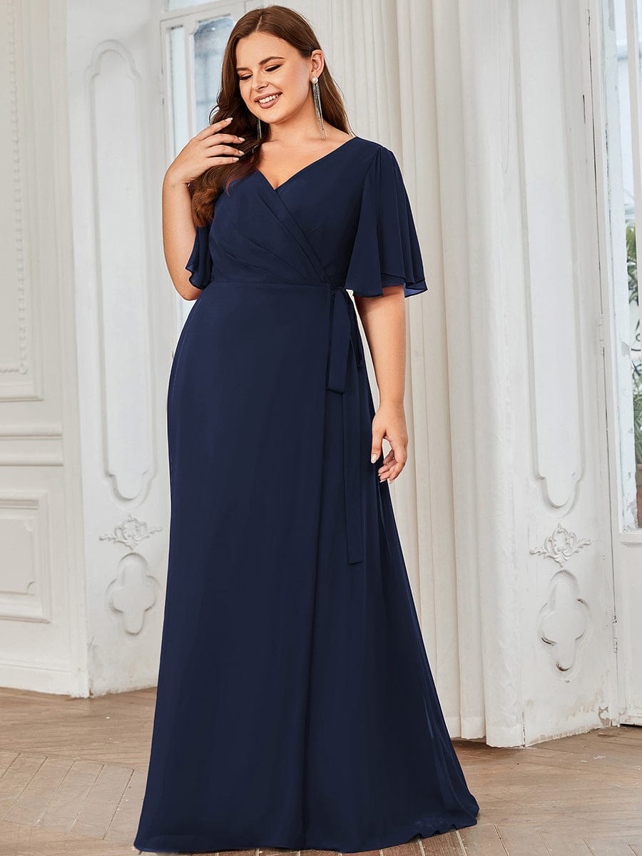 Tie Waist High Slit Flutter Sleeve Chiffon Evening Dress #Color_Navy Blue Plus Size Chiffon High Slit Tie Waist Evening Dress