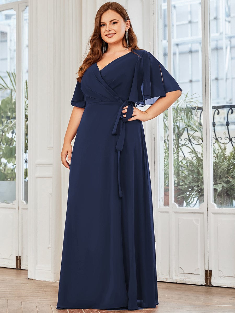 Tie Waist High Slit Flutter Sleeve Chiffon Evening Dress #Color_Navy Blue Plus Size Chiffon High Slit Tie Waist Evening Dress