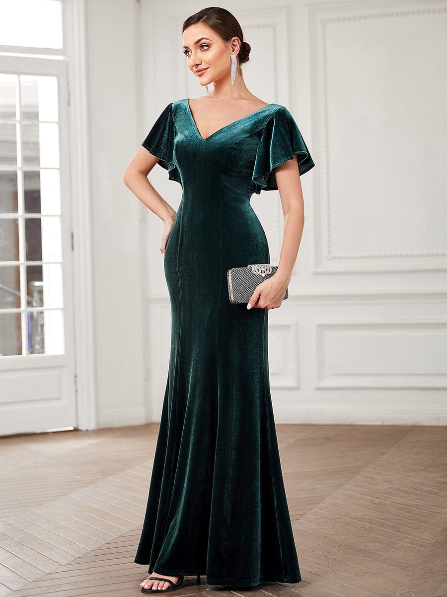 Velvet Flutter Ruffle Sleeve Bodycon Floor-Length Evening Dress #color_Brick Red Velvet Flutter Ruffle Sleeve Bodycon Floor-Length Evening Dress