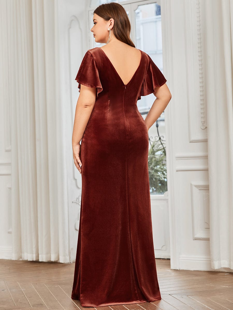Velvet Flutter Ruffle Sleeve Bodycon Floor-Length Evening Dress #color_Brick Red Velvet Flutter Ruffle Sleeve Bodycon Floor-Length Evening Dress