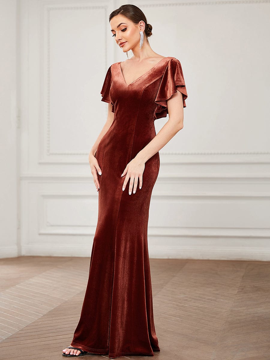 Velvet Flutter Ruffle Sleeve Bodycon Floor-Length Evening Dress #color_Brick Red Velvet Flutter Ruffle Sleeve Bodycon Floor-Length Evening Dress