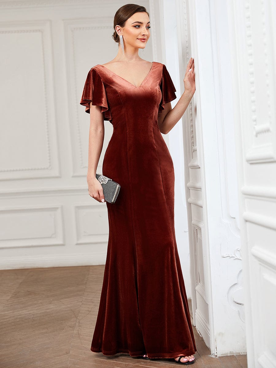 Velvet Flutter Ruffle Sleeve Bodycon Floor-Length Evening Dress #color_Brick Red Velvet Flutter Ruffle Sleeve Bodycon Floor-Length Evening Dress