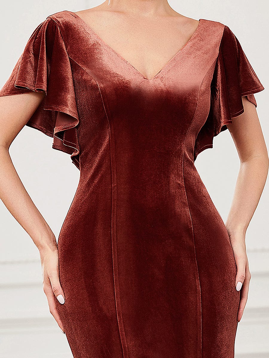 Velvet Flutter Ruffle Sleeve Bodycon Floor-Length Evening Dress #color_Brick Red Velvet Flutter Ruffle Sleeve Bodycon Floor-Length Evening Dress