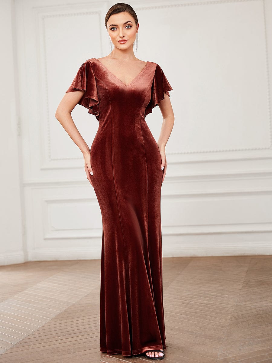 Velvet Flutter Ruffle Sleeve Bodycon Floor-Length Evening Dress #color_Brick Red Velvet Flutter Ruffle Sleeve Bodycon Floor-Length Evening Dress