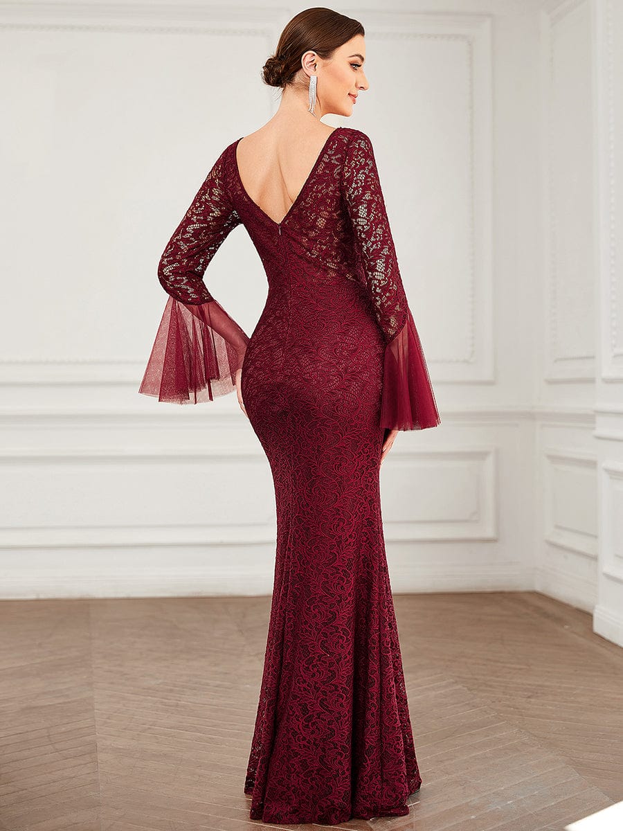 Tulle Bell Sleeve Lace Floor-Length Bodycon Evening Dress #color_Burgundy