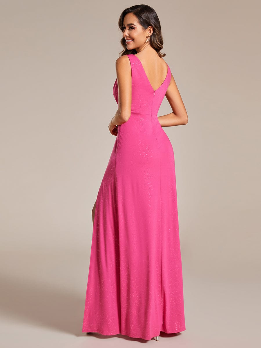 Glittery Sleeveless Double V-Neck Side Slit A-Line Formal Evening Dress #color_Hot Pink