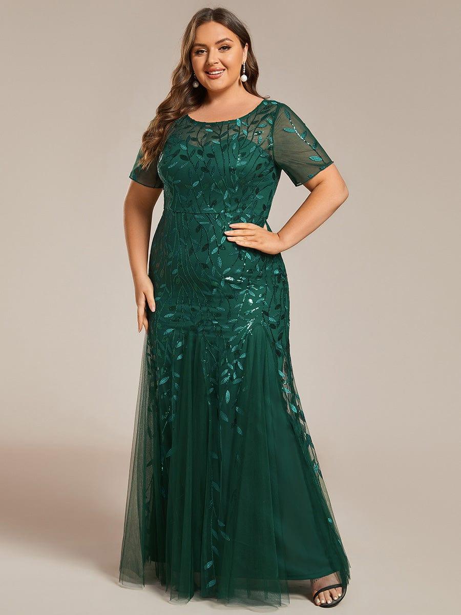 Floral Sequin Print Plus Size Mermaid Tulle Evening Dress #color_Dark Green