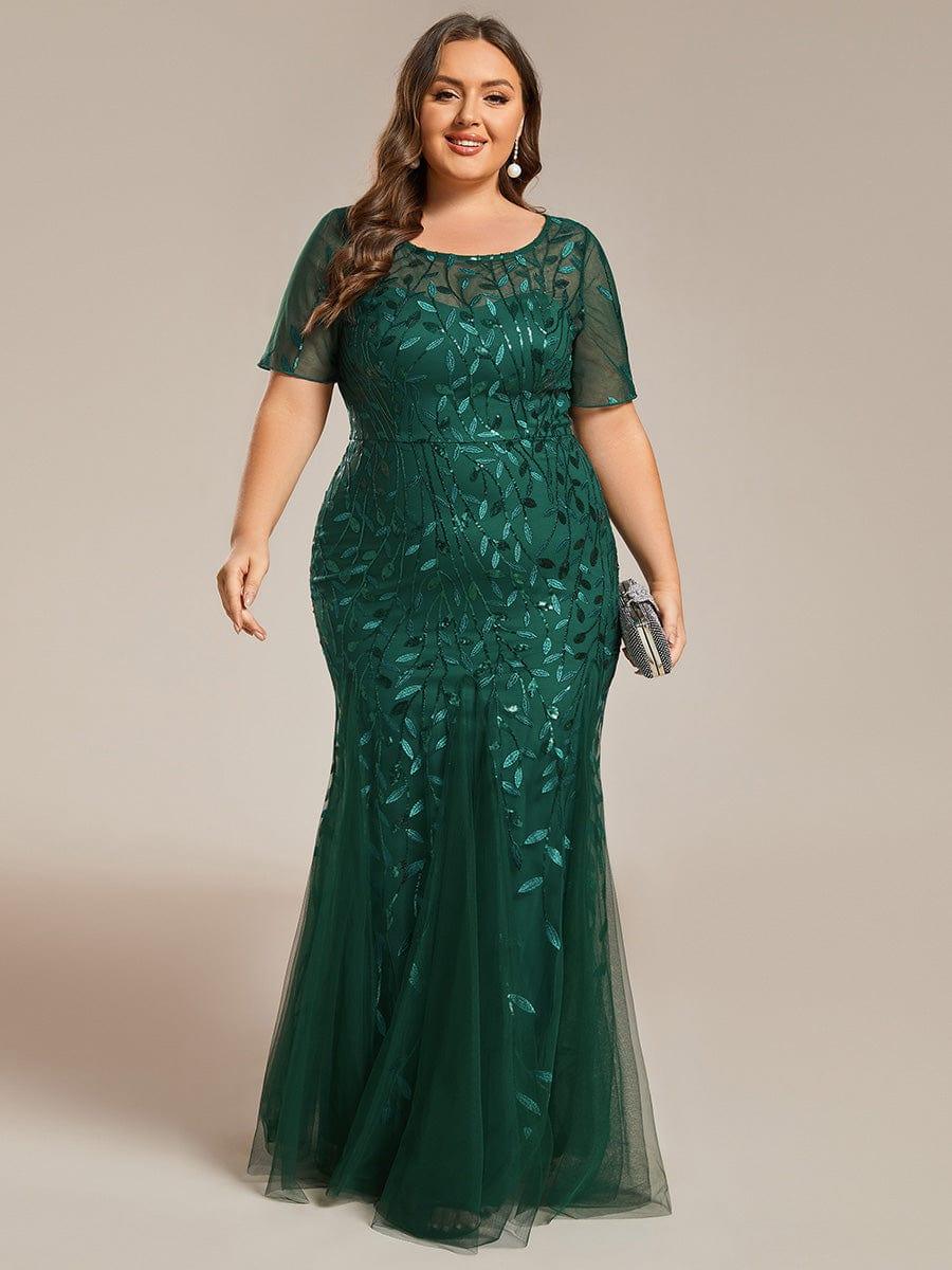 Floral Sequin Print Plus Size Mermaid Tulle Evening Dress #color_Dark Green