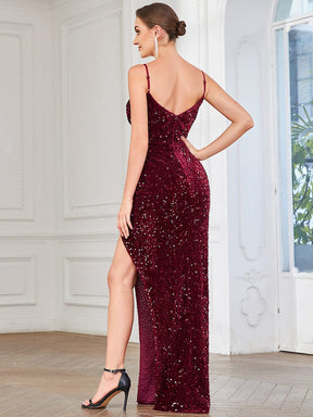 Custom Size Spaghetti Strap Ruched Sequin High Slit Evening Dress