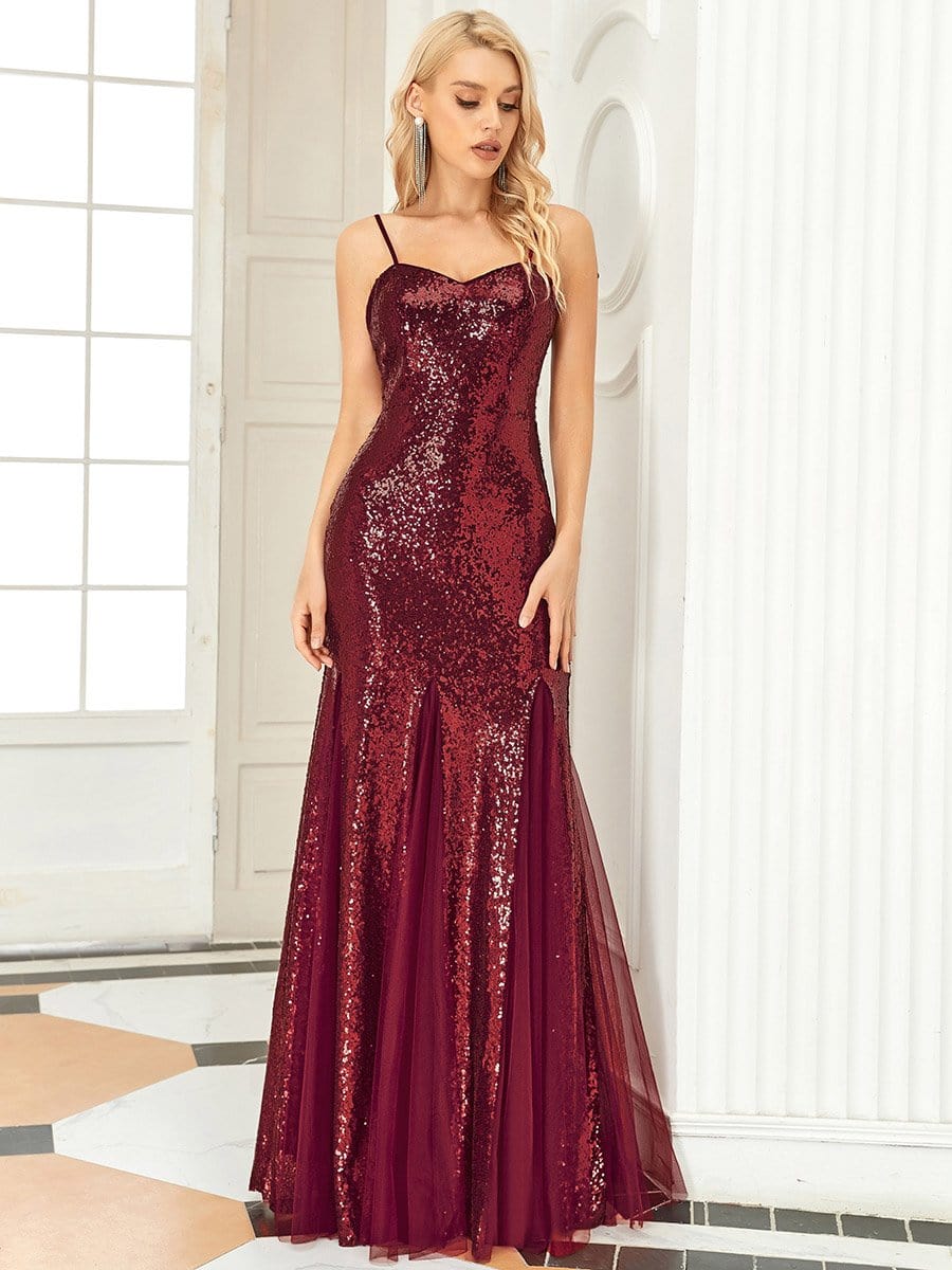 Sequin & Sheer Spaghetti Strap Fishtail Evening Dress #Color_Burgundy Sequin & Sheer Spaghetti Strap Fishtail Evening Dress