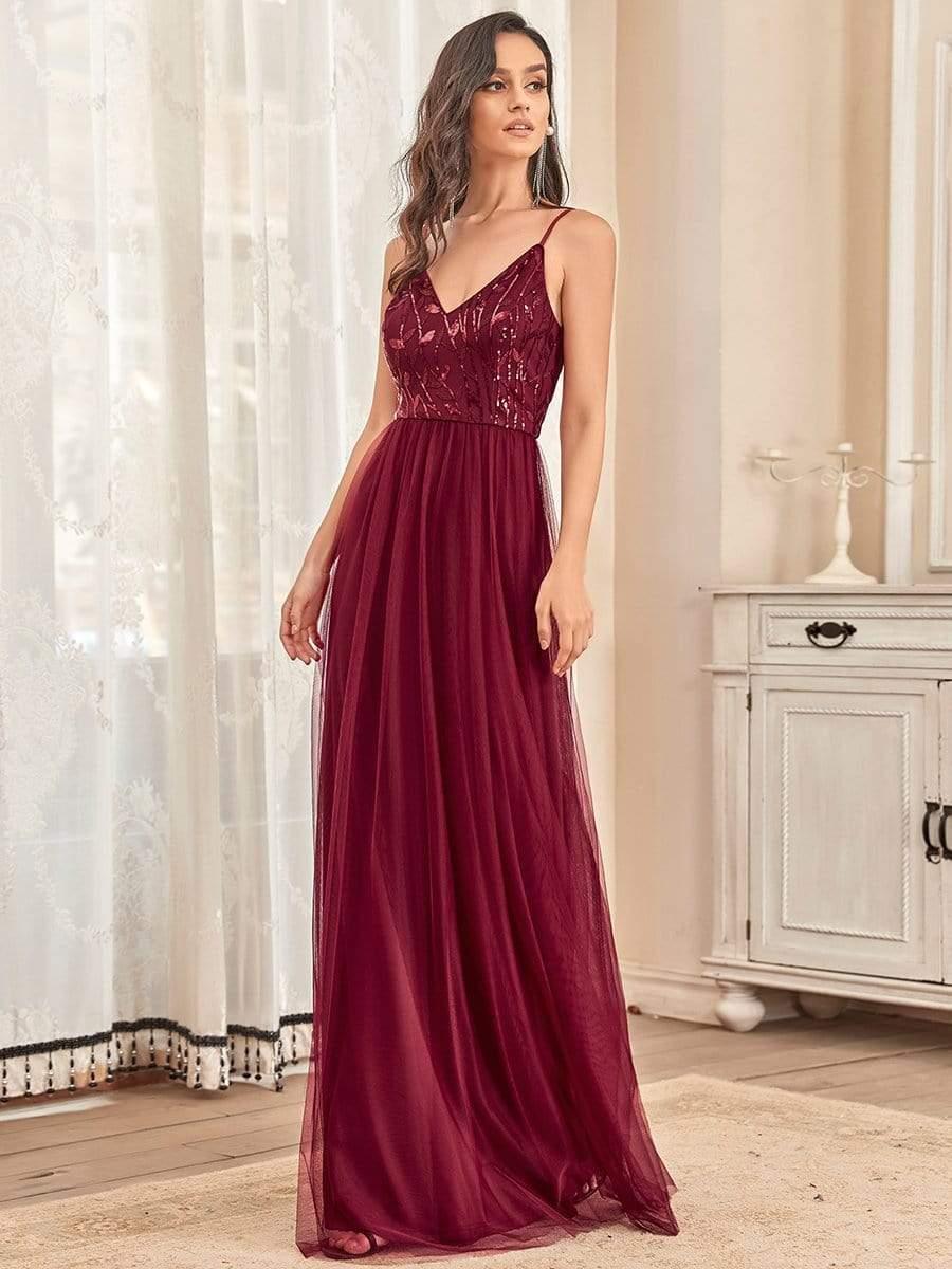 Soft Spaghetti Straps V-Neck Embroidery Evening Dress #color_Burgundy