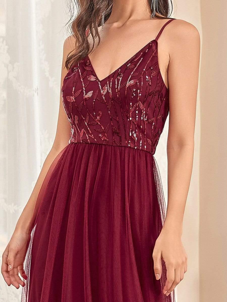 Soft Spaghetti Straps V-Neck Embroidery Evening Dress #color_Burgundy
