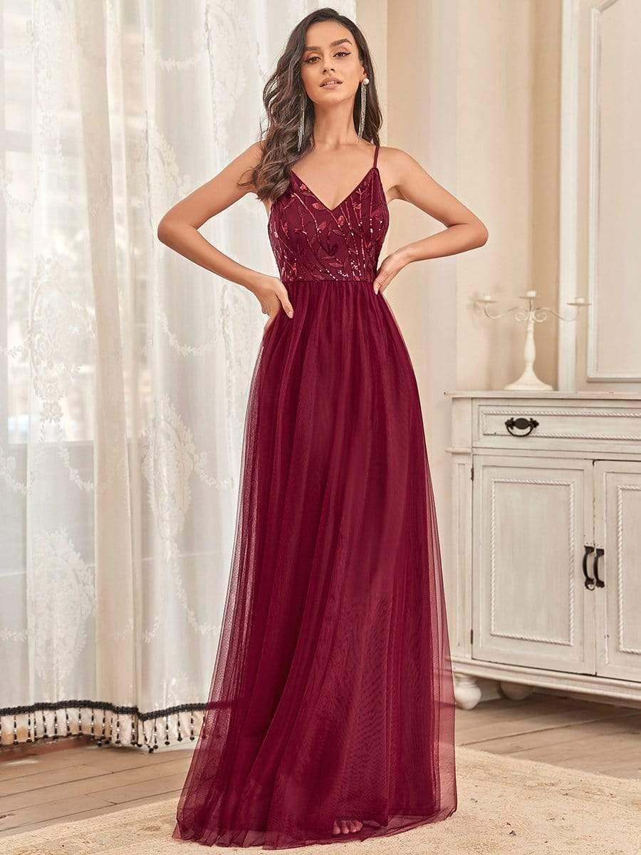 Soft Spaghetti Straps V-Neck Embroidery Evening Dress #color_Burgundy