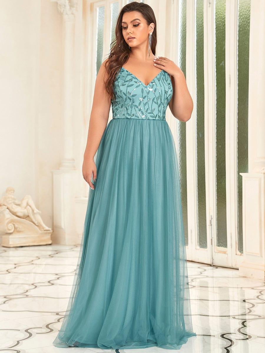 Custom Size Soft Spaghetti Straps V-Neck Embroidery Evening Dress #color_Navy Blue Custom Size Soft Spaghetti Straps V-Neck Embroidery Evening Dress