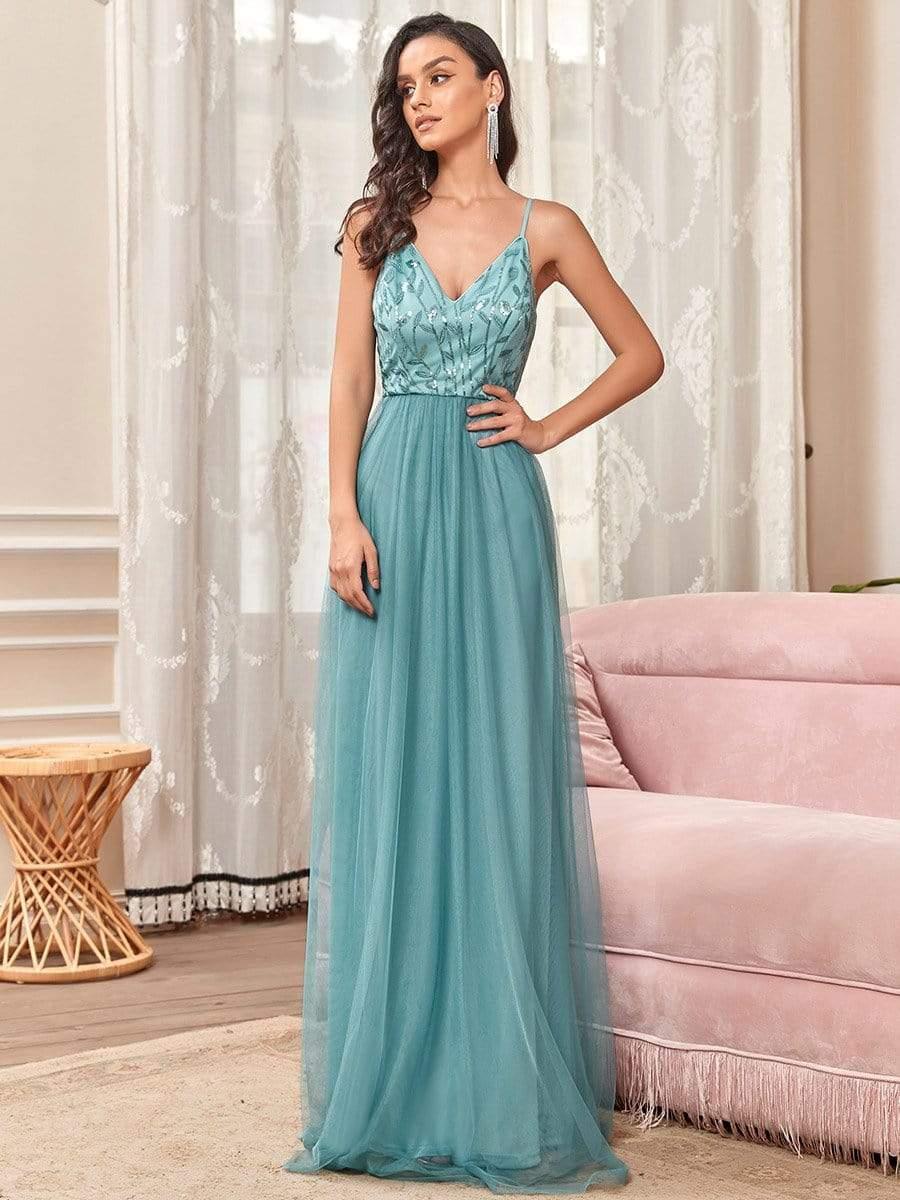 Soft Spaghetti Straps V-Neck Embroidery Evening Dress #color_Light Teal