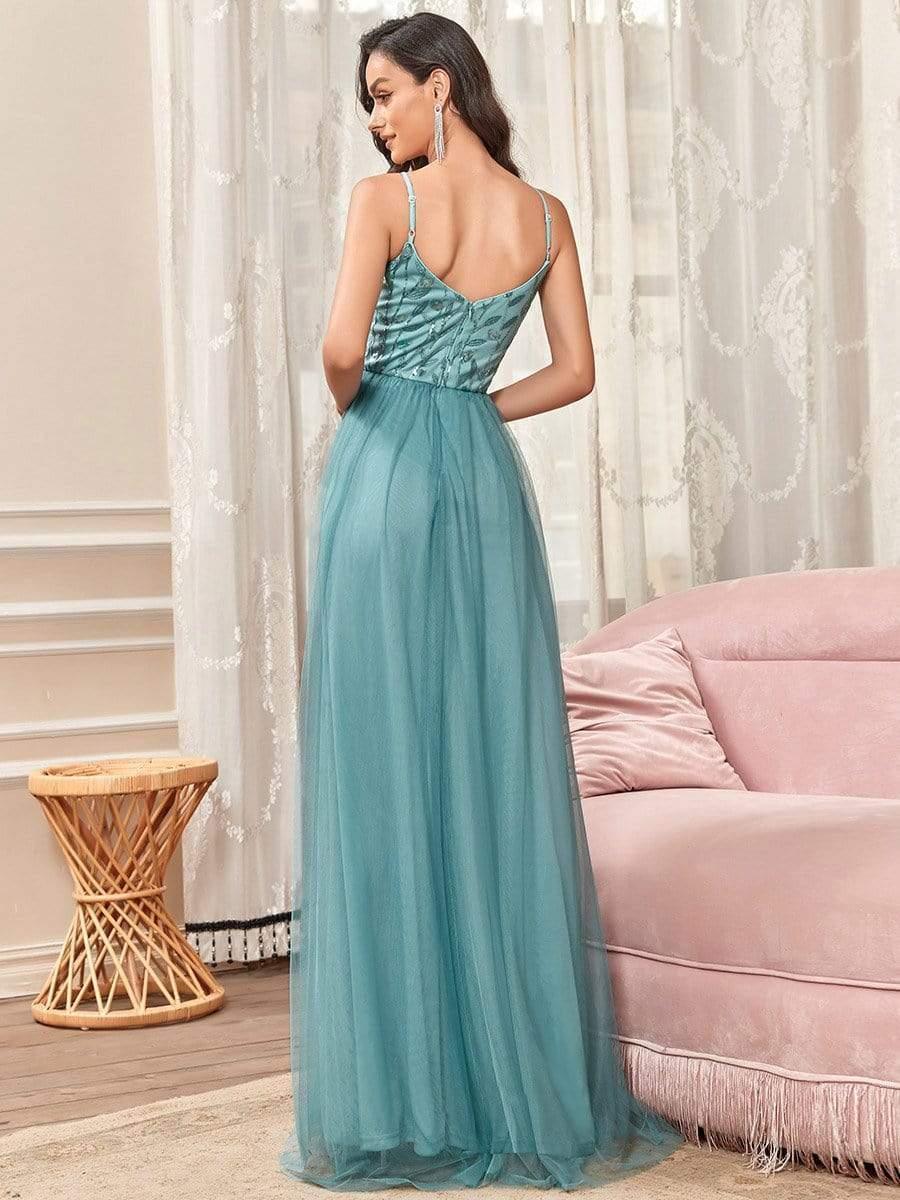 Soft Spaghetti Straps V-Neck Embroidery Evening Dress #color_Light Teal