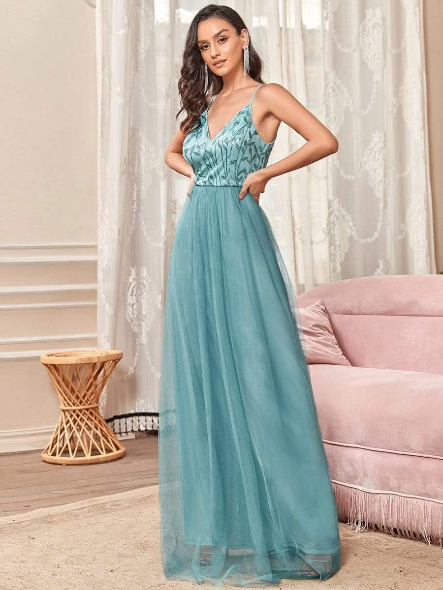 Soft Spaghetti Straps V-Neck Embroidery Evening Dress #color_Light Teal
