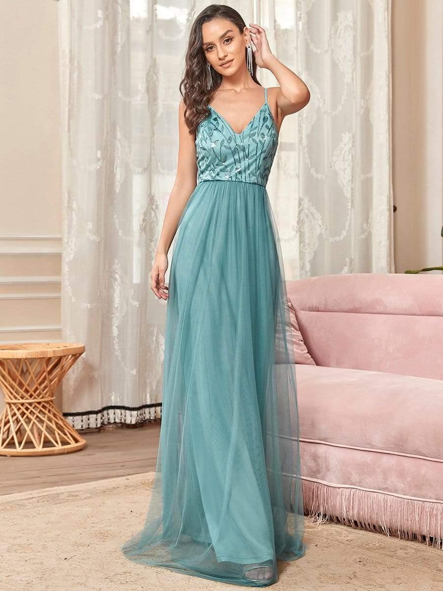 Soft Spaghetti Straps V-Neck Embroidery Evening Dress #color_Light Teal