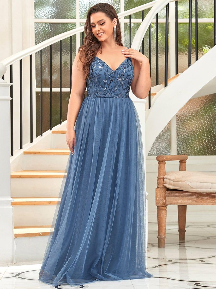Custom Size Soft Spaghetti Straps V-Neck Embroidery Evening Dress #color_Navy Blue Custom Size Soft Spaghetti Straps V-Neck Embroidery Evening Dress