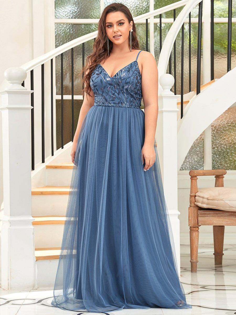 Custom Size Soft Spaghetti Straps V-Neck Embroidery Evening Dress #color_Navy Blue Custom Size Soft Spaghetti Straps V-Neck Embroidery Evening Dress