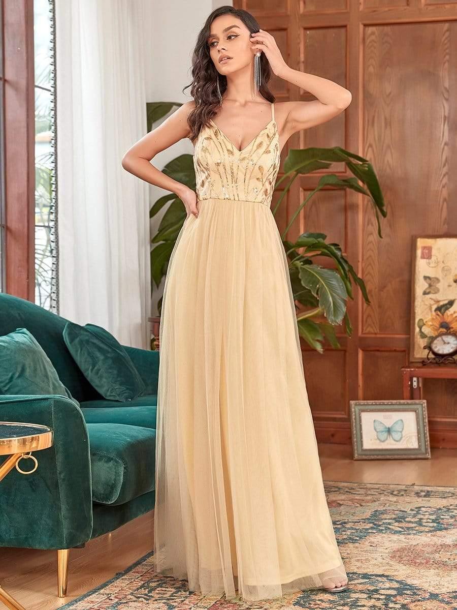 Soft Spaghetti Straps V-Neck Embroidery Evening Dress #color_Gold