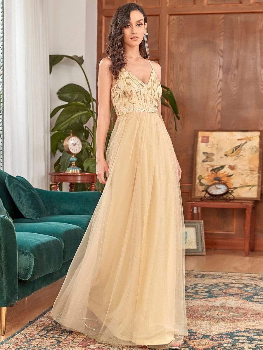 Soft Spaghetti Straps V-Neck Embroidery Evening Dress #color_Gold