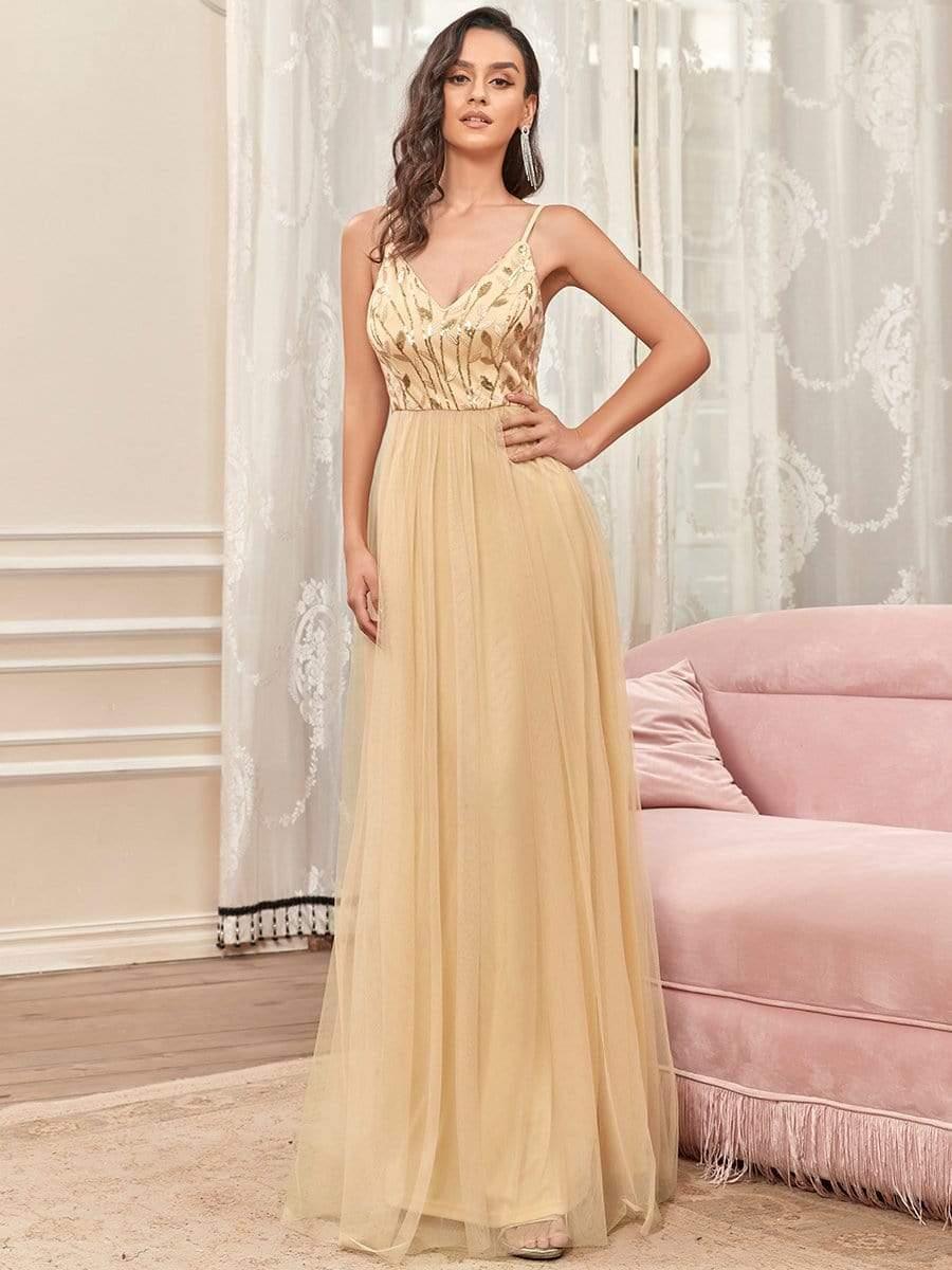Soft Spaghetti Straps V-Neck Embroidery Evening Dress #color_Gold