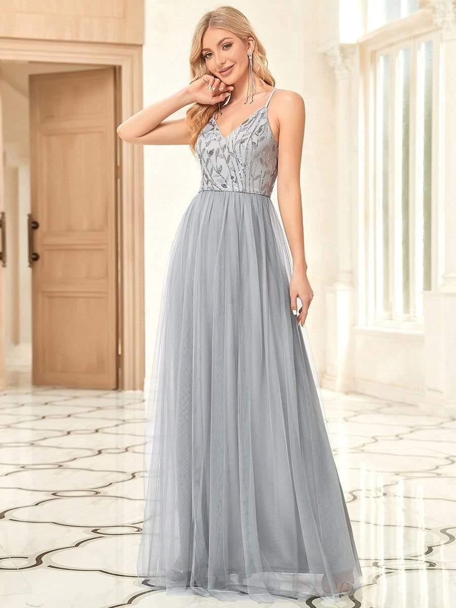 Soft Spaghetti Straps V-Neck Embroidery Evening Dress #color_Grey
