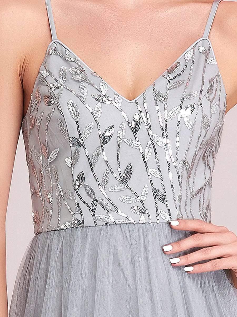 Soft Spaghetti Straps V-Neck Embroidery Evening Dress #color_Grey