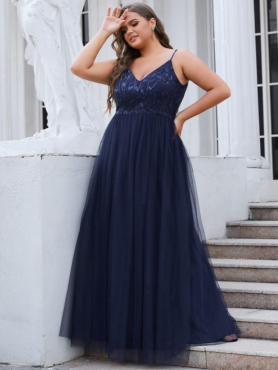 Custom Size Soft Spaghetti Straps V-Neck Embroidery Evening Dress #color_Navy Blue Custom Size Soft Spaghetti Straps V-Neck Embroidery Evening Dress