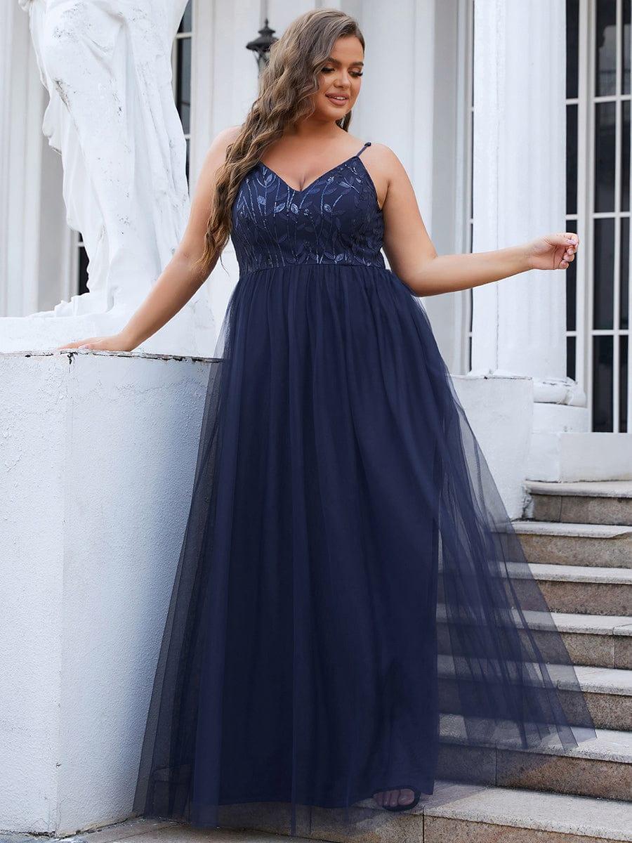 Custom Size Soft Spaghetti Straps V-Neck Embroidery Evening Dress #color_Navy Blue Custom Size Soft Spaghetti Straps V-Neck Embroidery Evening Dress