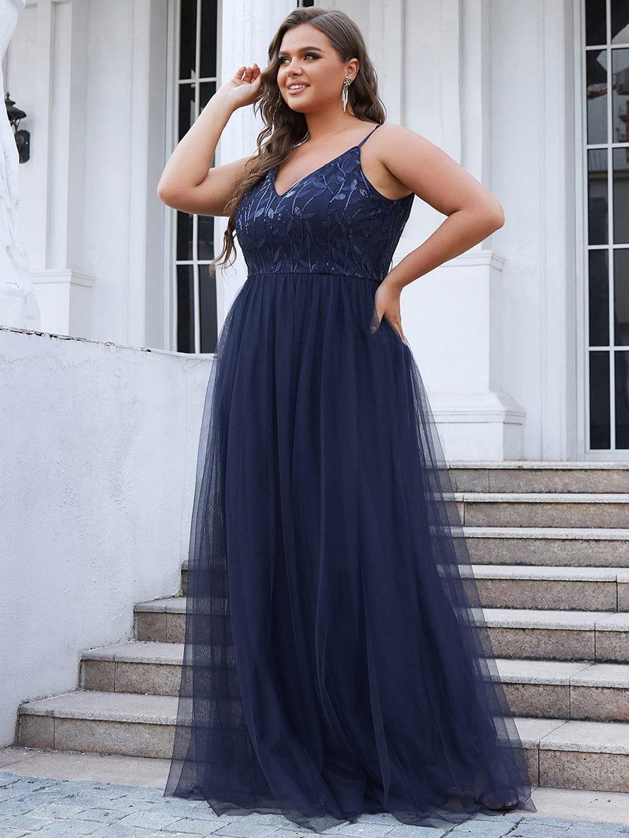 Custom Size Soft Spaghetti Straps V-Neck Embroidery Evening Dress #color_Navy Blue Custom Size Soft Spaghetti Straps V-Neck Embroidery Evening Dress