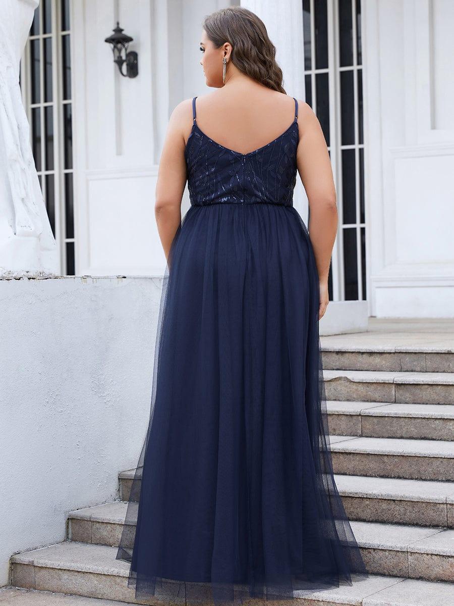 Custom Size Soft Spaghetti Straps V-Neck Embroidery Evening Dress #color_Navy Blue Custom Size Soft Spaghetti Straps V-Neck Embroidery Evening Dress