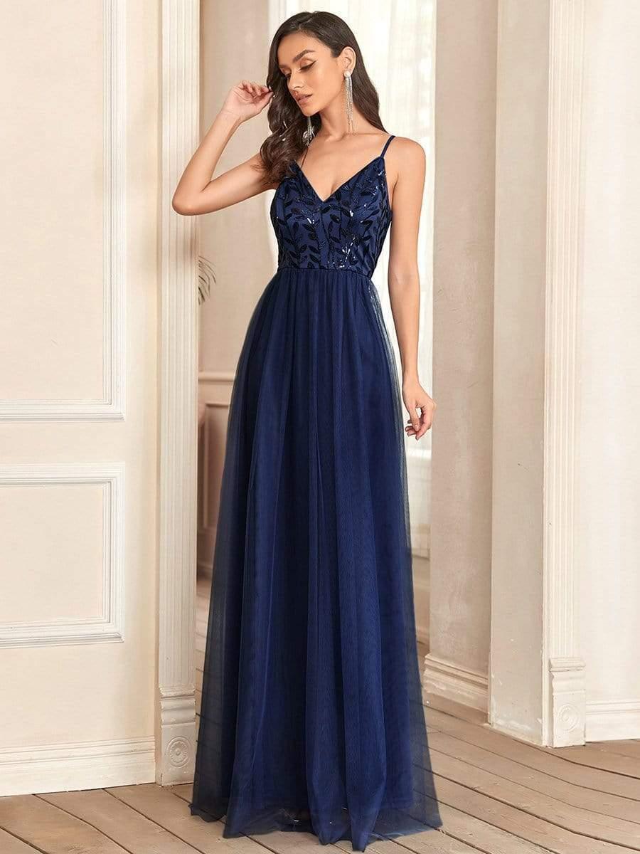 Soft Spaghetti Straps V-Neck Embroidery Evening Dress #color_Navy Blue